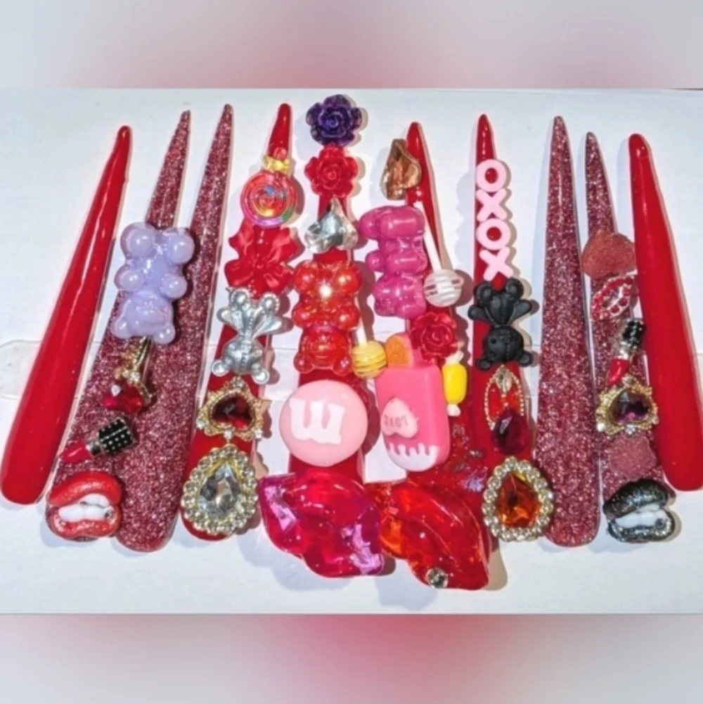Red and Pink Decorative 4xl Acrylic Press On Nail Set Sz Medium